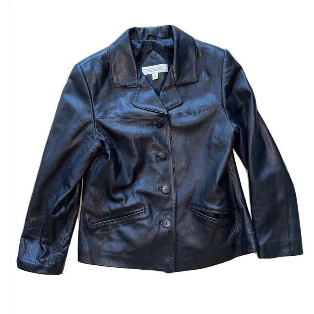 Valerie Stevens Womens Black Medium Lambskin Leather 4 Button Blazer Jacket